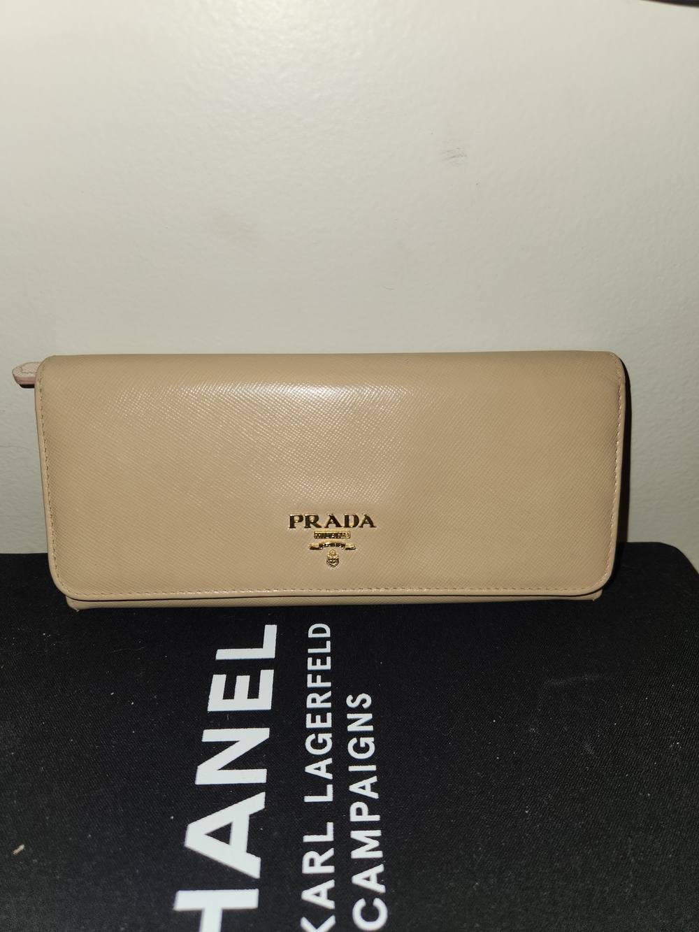 Prada Beige Saffiano Leather Continental Wallet with Gold Logo
